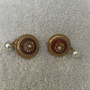 SARAH COVENTRY red enamelled clip earrings with pearl pendants